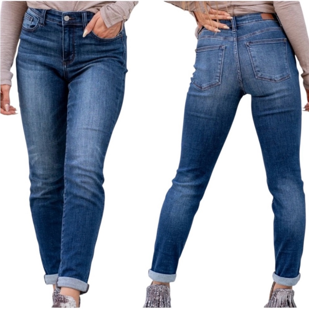 Judy Blue Mid Rise Cuffed Slim Fit Dark Wash Blue Denim Jeans Women 7/28 Stretch